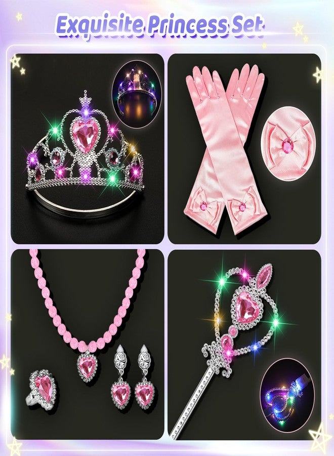 STOPKLAS Princess Dress Up Accessories, Light Up Wand Crown 7Pcs Princess Dress Up Set with Gloves Tiara Necklace Earrings Bracelet and Ring Gift Set for 3-6 Toddler Kids Girls Cosplay Party, Pink - Image 3